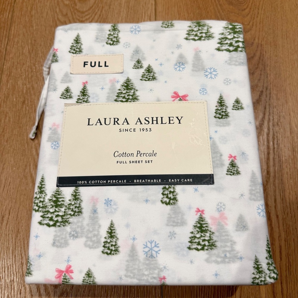Laura Ashley Full Sheet Set White Green New Christmas Tree Percale Cotton 4pc